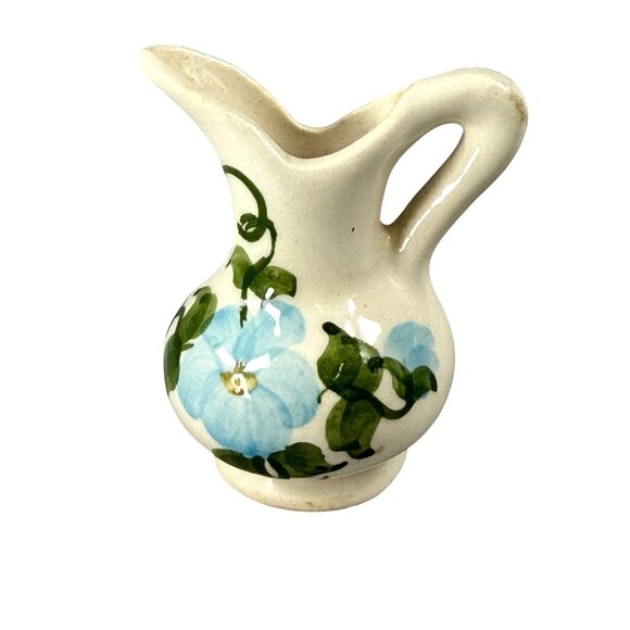 Miniature Vintage Ceramic Cream Pitcher Hand-Painted Blue Flowers Green Leaves - Picture 1 of 16